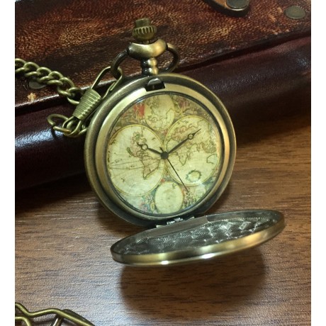 Vintage Antik Dünya Haritalı Kişiye Özel Vintage Köstekli Cep Saati
